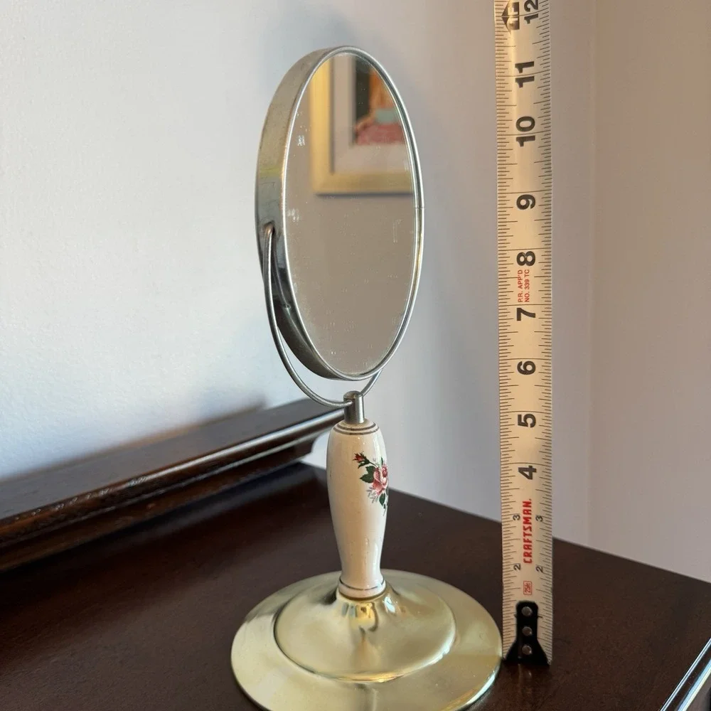 Vintage Two Sided Pedestal Mirror Ceramic Metal 11.75
